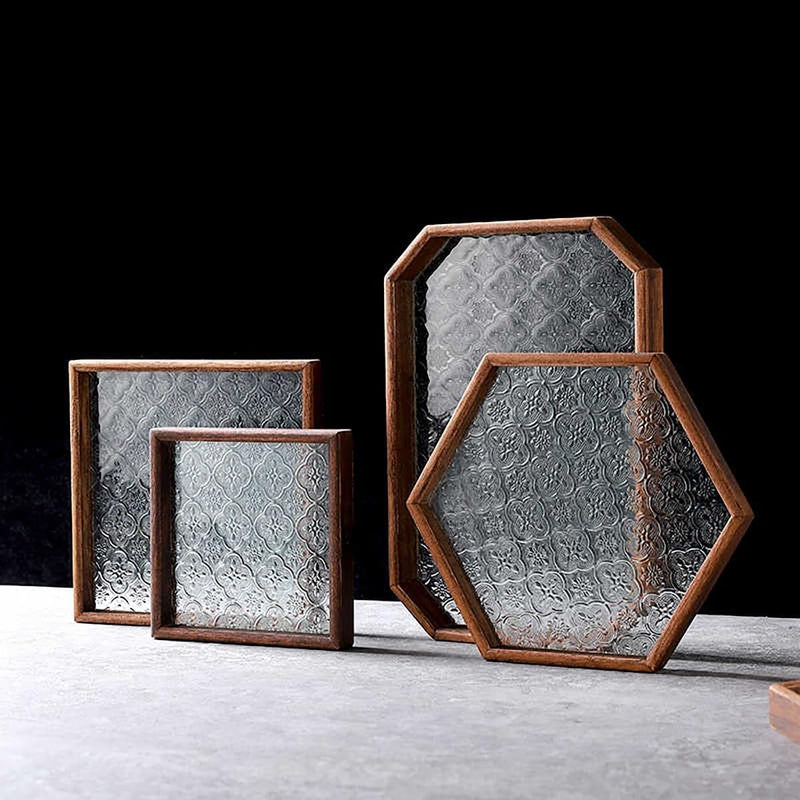 MIYUNOトレー 木製 茶席 お盆 正方形 六角形 トレイ ガラス 小物入れ 茶道具 茶托 おしゃれ 盛器 ガラス皿 小物入れ 茶道具 お皿 小皿 豆皿 胡桃色 カフェトレー ティートレー 中国茶器 急須置き お洒落