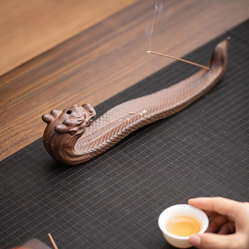 JIKANNOYA お香立て 横置き 龍 線香立て 灰がこぼれない 陶器 おしゃれ インセンスホルダー 香炉 線香皿 線香 御洒落 人気 仏壇用 睡眠 リラックス 茶室 茶道 瞑想 書斎 長さ31cm ブルー