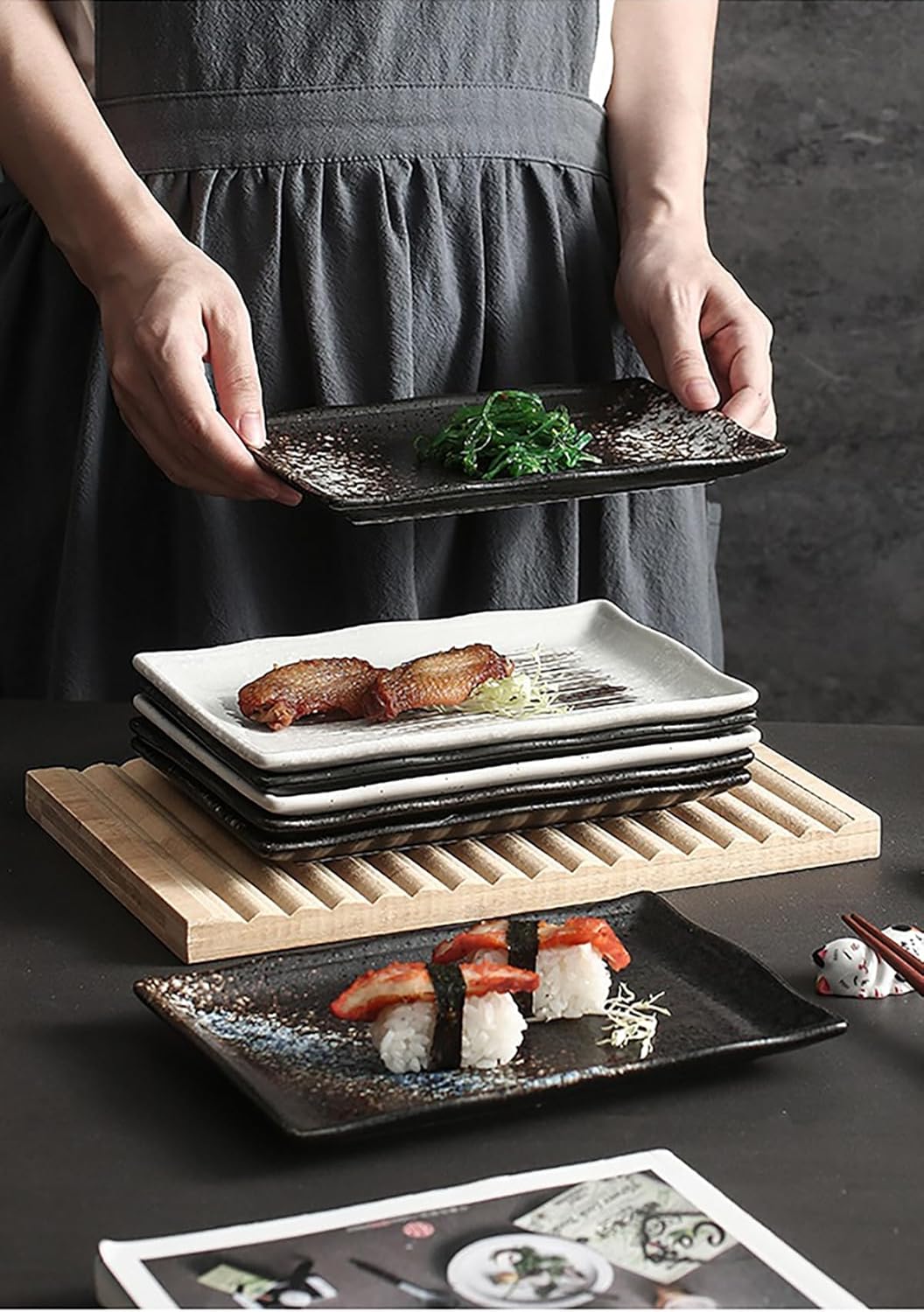長角皿 陶器 お皿セット すし 焼き物皿 魚 皿 刺身皿 焼き魚皿 寿司皿 長皿 魚料理 和食 揚げ物 お茶 ソース入 薬味壺 長方形 プレート 食器 レストラン 居酒屋 和風 磁器 おしゃれ HEKOUP