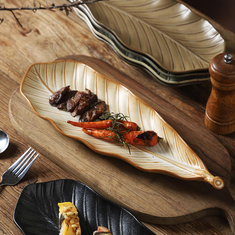 MIYUNNO 焼物皿 陶器 磁器 皿 和食器 焼き物皿 葉形 刺身皿 レストラン 居酒屋 和風 おしゃれ 電子レンジ 食洗機対応 食器 お皿セット 5枚セット カラー5 36x13x4.5cm