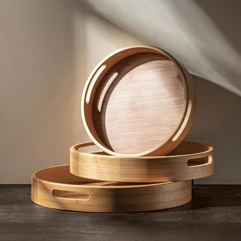 トレー お盆 竹製 滑らないトレー 天然竹 多目的トレイ 小物入れ 北欧 トレイ カフェトレー コースター 茶托 ティートレー 前菜プレート ランチョン お膳 お茶 食事用 卓上用トレイ 定食用 多機能 便利 家庭用 業務用 円形 直径25cm