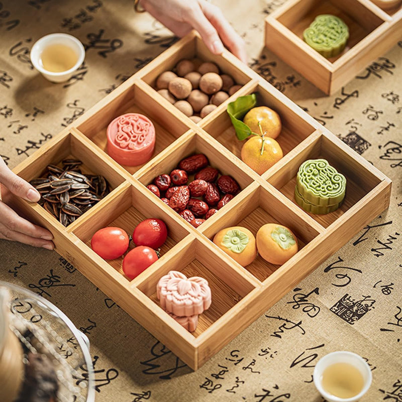 トレー お盆 竹製 滑らないトレー 天然竹 多目的トレイ 小物入れ 北欧 トレイ カフェトレー コースター 茶托 ティートレー 前菜プレート ランチョン お膳 お茶 食事用 卓上用トレイ 定食用 多機能 便利 家庭用 業務用 9グリッド 30.8×30.8×5cm