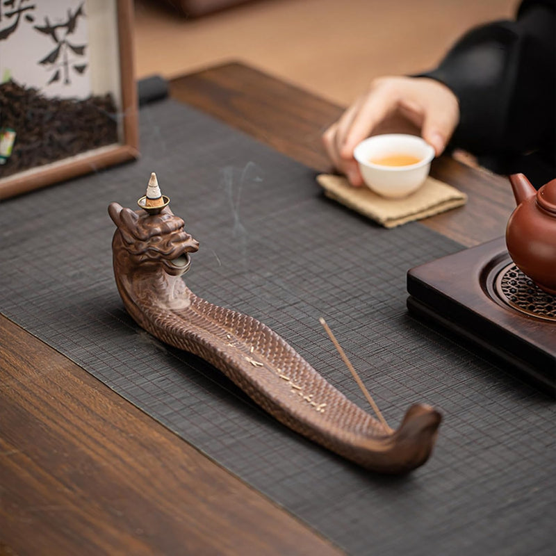 JIKANNOYA お香立て 横置き 龍 線香立て 灰がこぼれない 陶器 おしゃれ インセンスホルダー 香炉 線香皿 線香 御洒落 人気 仏壇用 睡眠 リラックス 茶室 茶道 瞑想 書斎 長さ31cm ブルー