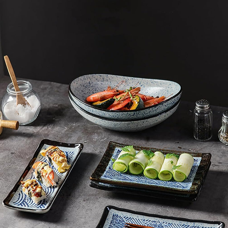 長角皿 陶器 お皿セット すし 焼き物皿 魚 皿 刺身皿 焼き魚皿 寿司皿 長皿 魚料理 和食 揚げ物 お茶 ソース入 薬味壺 長方形 プレート 食器 レストラン 居酒屋 和風 磁器 おしゃれ gezbolanZJ