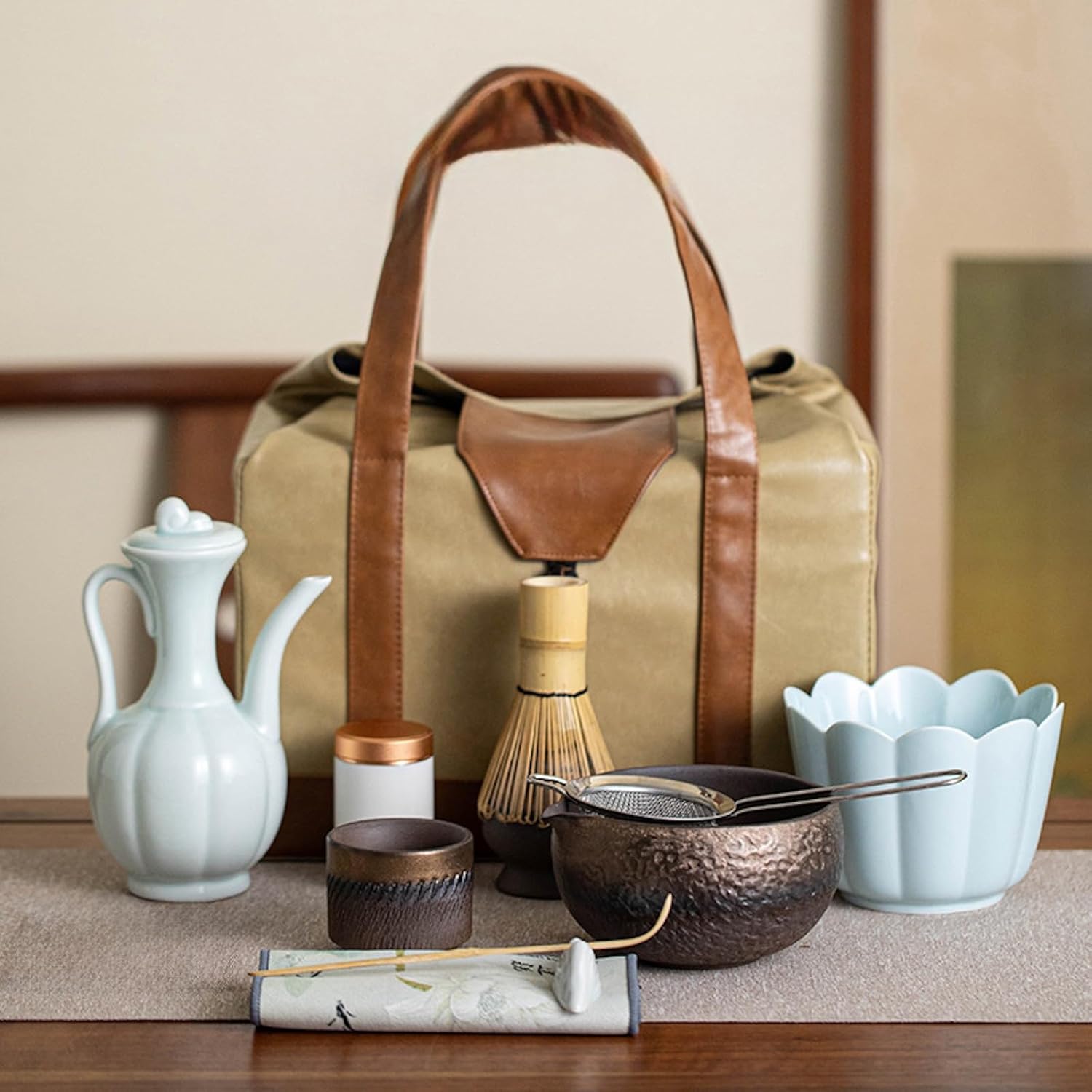 茶道具 セット 抹茶セット お点前セット 14点セット 茶筅 茶せん 百本立 茶筅立て くせ直し 茶杓 茶壺 陶器茶杓立て 茶筒 トレイ付き 初心者 抹茶スターター おうち時間グッズ お手入れも簡単 母の日 父の日 誕生日 贈り物 鎏金