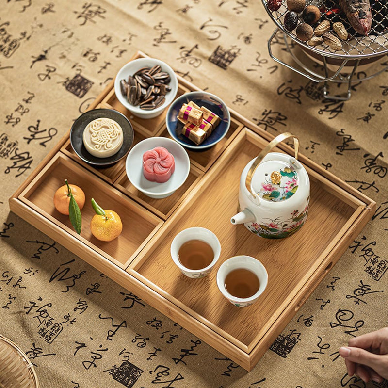 お盆 トレー 竹製 滑らないトレー 天然竹 多目的トレイ 小物入れ 北欧 トレイ カフェトレー コースター 茶托 ティートレー 前菜プレート ランチョン お膳 お茶 食事用 卓上用トレイ 定食用 多機能 便利 家庭用 業務用 9グリッド 42.5×30×3.5cm ブラック