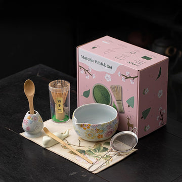 抹茶セット 抹茶 セット 自宅用 茶道具 初心者 お点前セット 抹茶 陶器 抹茶茶碗 茶杓 ネコ茶杓立て 茶せん 百本立 茶筅立て くせ直し 綿茶巾 抹茶篩 茶道セット matcha set for beginners お手入れも簡単 母の日 父の日 誕生日 贈り物 おしゃれ 8点セット 花柄 580ml アイボリー CJ150