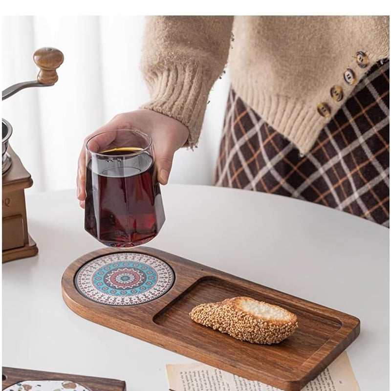 MIYUNO トレー コースター 丸型 仕切り 木製 茶席 お盆 天然木 トレイ 小物入れ 茶道具 茶托 盛器 お皿 小皿 豆皿 胡桃色 カフェ ティー 中国茶器 急須置き 朝食 カフェスデザート スナックアフタヌーンティー おしゃれ CHAKA-BD