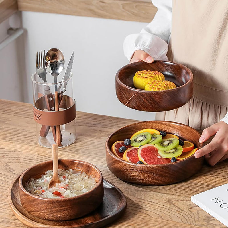 MIYUNO サラダボウルセット 無垢材 フルーツ スープ 料理用 木製ボウル キッチン用 フルーツトレー キャンディディッシュ お菓子 食卓にぴったり 木目 おしゃれ