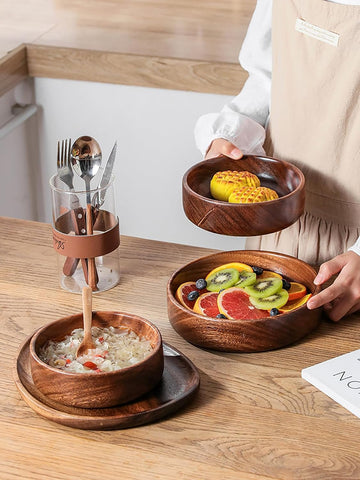 MIYUNO サラダボウルセット 無垢材 フルーツ スープ 料理用 木製ボウル キッチン用 フルーツトレー キャンディディッシュ お菓子 食卓にぴったり 木目 おしゃれ