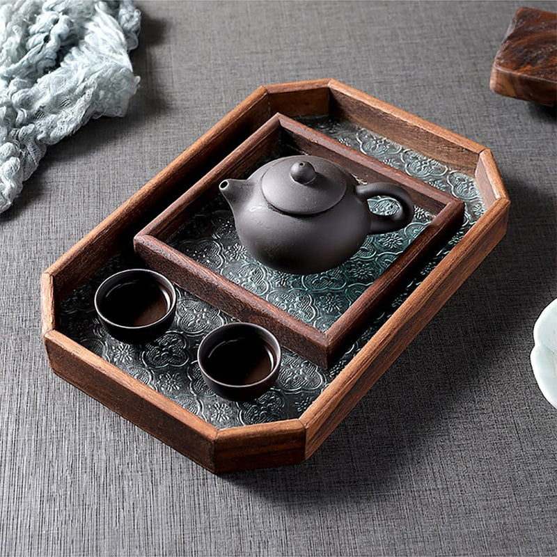 MIYUNOトレー 木製 茶席 お盆 正方形 六角形 トレイ ガラス 小物入れ 茶道具 茶托 おしゃれ 盛器 ガラス皿 小物入れ 茶道具 お皿 小皿 豆皿 胡桃色 カフェトレー ティートレー 中国茶器 急須置き お洒落