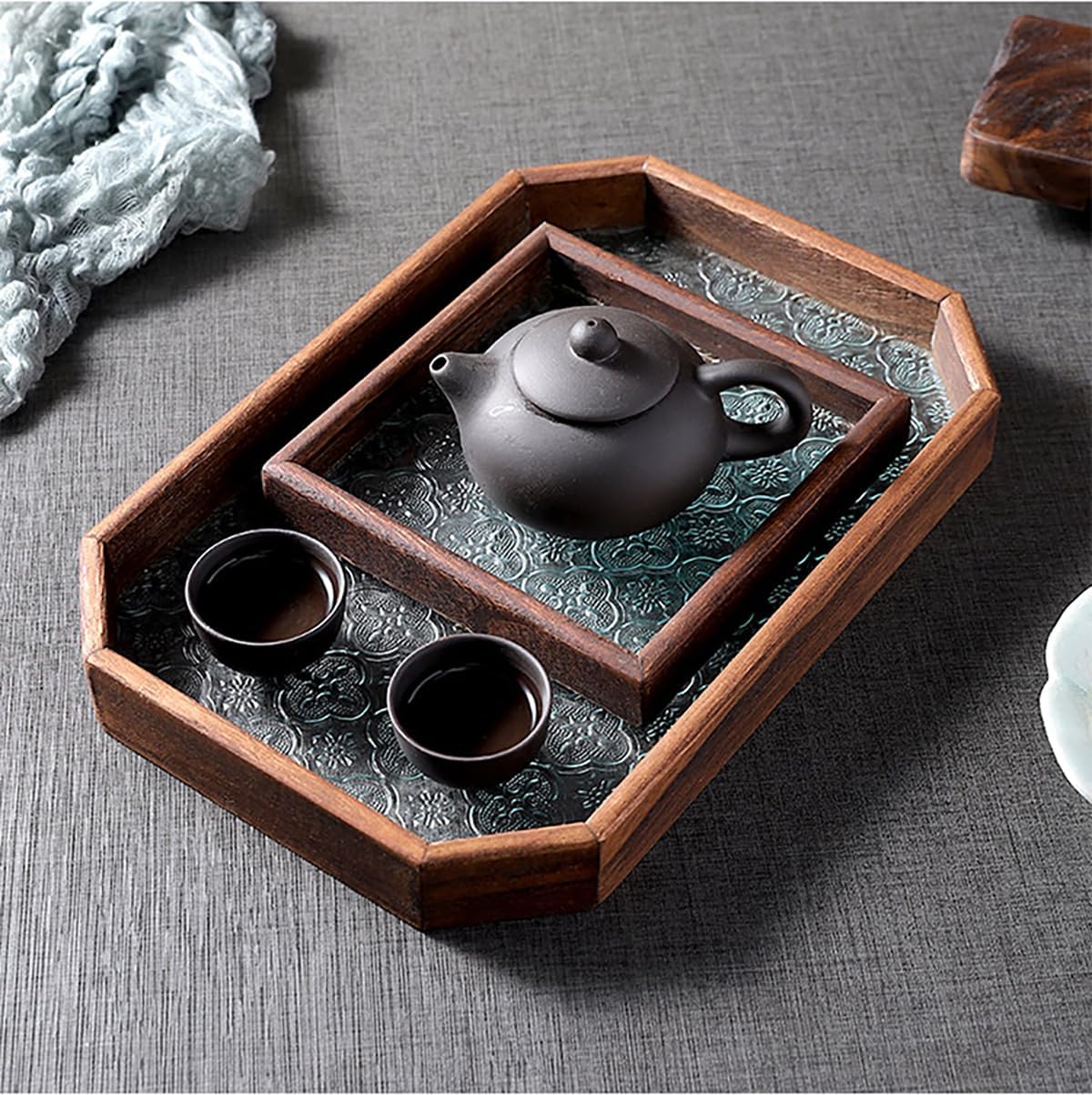 MIYUNOトレー 木製 茶席 お盆 正方形 六角形 トレイ ガラス 小物入れ 茶道具 茶托 おしゃれ 盛器 ガラス皿 小物入れ 茶道具 お皿 小皿 豆皿 胡桃色 カフェトレー ティートレー 中国茶器 急須置き お洒落