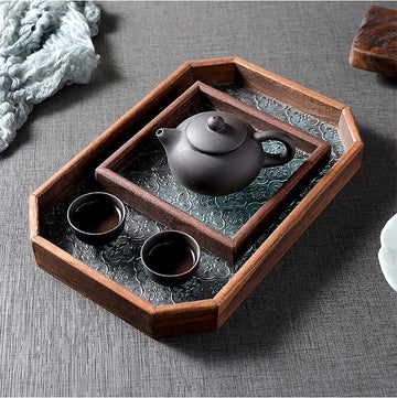 MIYUNOトレー 木製 茶席 お盆 正方形 六角形 トレイ ガラス 小物入れ 茶道具 茶托 おしゃれ 盛器 ガラス皿 小物入れ 茶道具 お皿 小皿 豆皿 胡桃色 カフェトレー ティートレー 中国茶器 急須置き お洒落