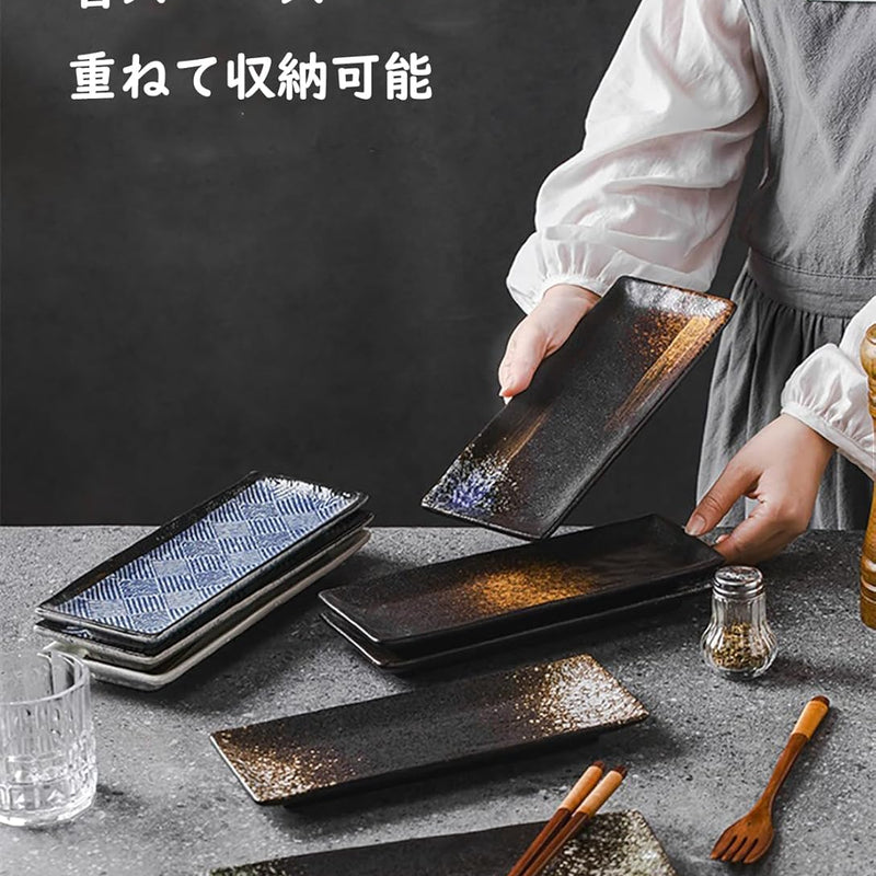 長角皿 陶器 お皿セット すし 焼き物皿 魚 皿 刺身皿 焼き魚皿 寿司皿 長皿 魚料理 和食 揚げ物 お茶 ソース入 薬味壺 長方形 プレート 食器 レストラン 居酒屋 和風 磁器 おしゃれ QIUWENP