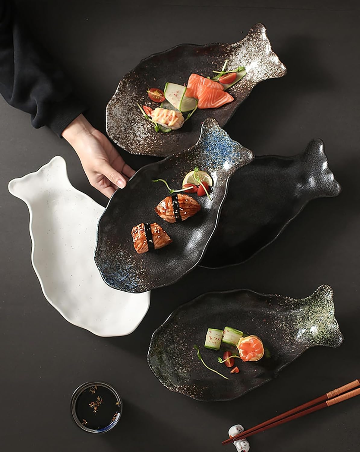 魚の皿 5枚セット 陶器 お皿セット すし 焼き物皿 魚 皿 刺身皿 焼き魚皿 寿司皿 長皿 魚料理 和食 揚げ物 お茶 ソース入 薬味壺 長方形 プレート 食器 レストラン 居酒屋 和風 磁器 おしゃれ yuxingp