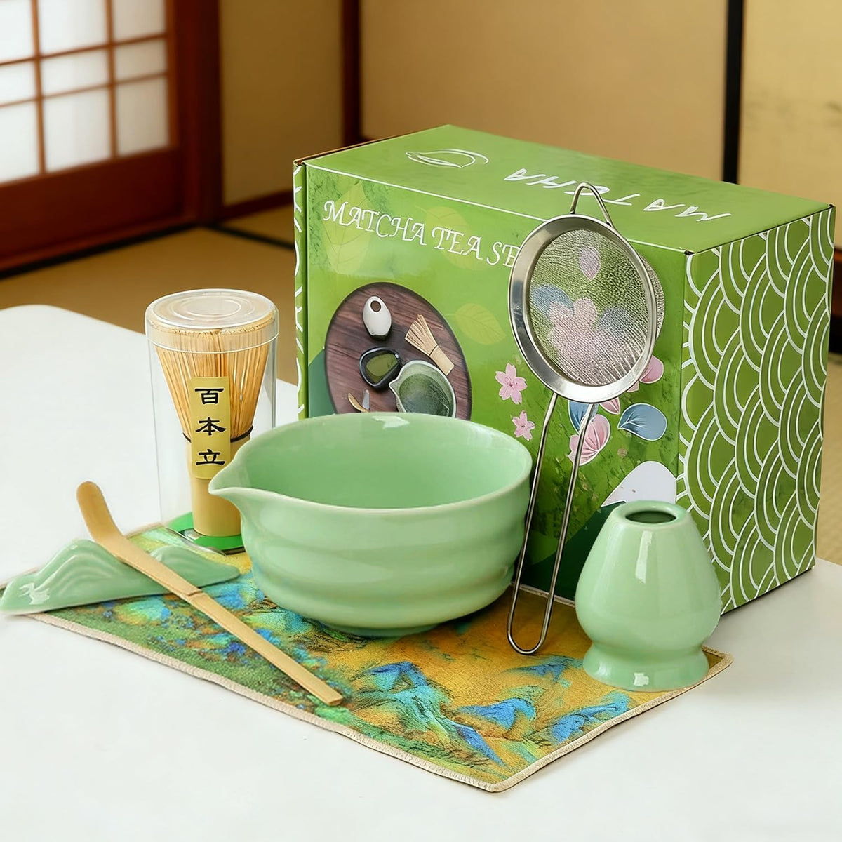 『matcha set』抹茶セット 茶道具 7点 フルセット 抹茶碗 茶筅 茶杓 茶筅立て 茶巾 茶こし 茶漉し 茶道体験 手作り上釉り 茶道の練習 家庭用 初心者向け 抹茶セット 和風 オールシーズン対応 抹茶ラテ作りに最適 プレゼント (まっちゃ（7個セット）