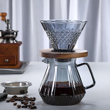 コーヒードリッパー ハンドドリップセット コーヒーサーバー 割れない 高ホウ素シリカガラス材料 耐熱ガラス 直火対応 耐寒性 クルミ材 ドリッパー ダイヤモンド 電子レンジ·食洗機対応 コーヒー用品 目盛り付き 洗いやすい 多用途 家用 喫茶店 1~4杯用 600ml グレー