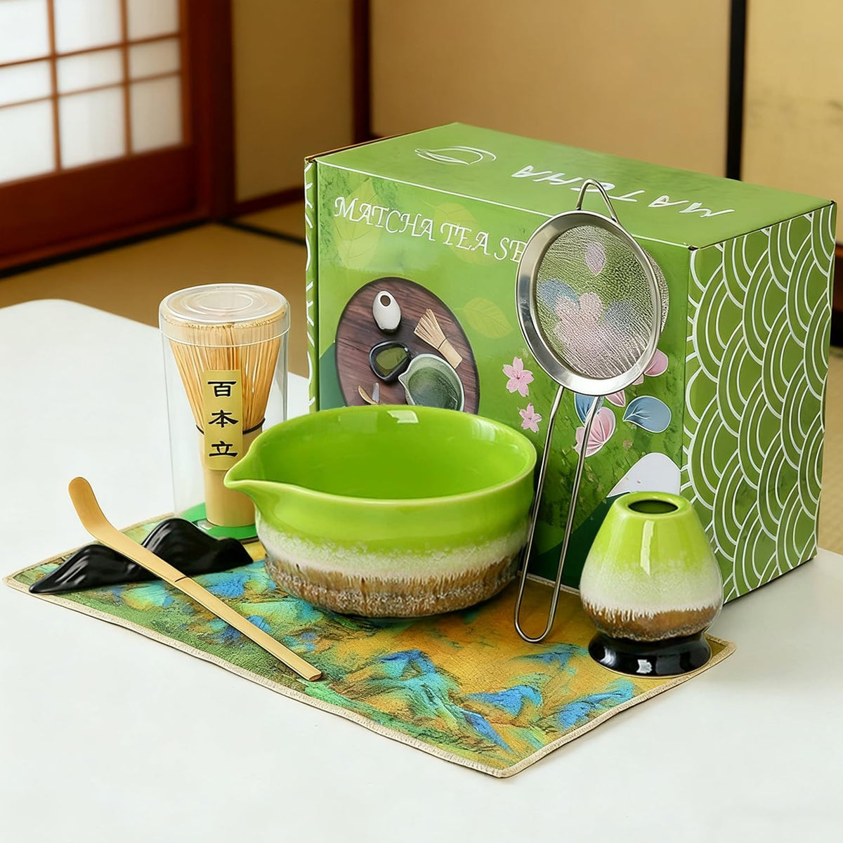 『matcha set』抹茶セット 茶道具 7点 フルセット 抹茶碗 茶筅 茶杓 茶筅立て 茶巾 茶こし 茶漉し 茶道体験 手作り上釉り 茶道の練習 家庭用 初心者向け 抹茶セット 和風 オールシーズン対応 抹茶ラテ作りに最適 プレゼント (まっちゃ（7個セット）