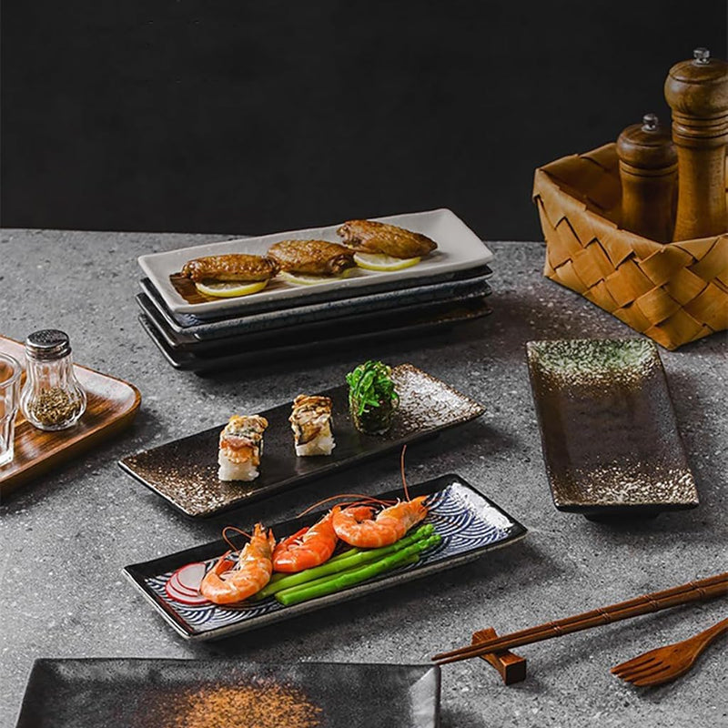 長角皿 陶器 お皿セット すし 焼き物皿 魚 皿 刺身皿 焼き魚皿 寿司皿 長皿 魚料理 和食 揚げ物 お茶 ソース入 薬味壺 長方形 プレート 食器 レストラン 居酒屋 和風 磁器 おしゃれ QIUWENP