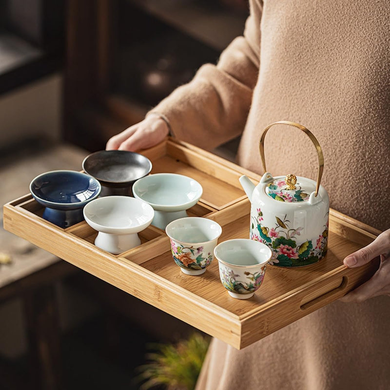 お盆 トレー 竹製 滑らないトレー 天然竹 多目的トレイ 小物入れ 北欧 トレイ カフェトレー コースター 茶托 ティートレー 前菜プレート ランチョン お膳 お茶 食事用 卓上用トレイ 定食用 多機能 便利 家庭用 業務用 9グリッド 42.5×30×3.5cm ブラック