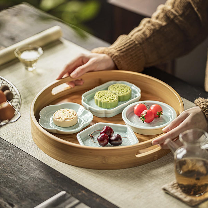 トレー お盆 竹製 滑らないトレー 天然竹 多目的トレイ 小物入れ 北欧 トレイ カフェトレー コースター 茶托 ティートレー 前菜プレート ランチョン お膳 お茶 食事用 卓上用トレイ 定食用 多機能 便利 家庭用 業務用 円形 直径25cm