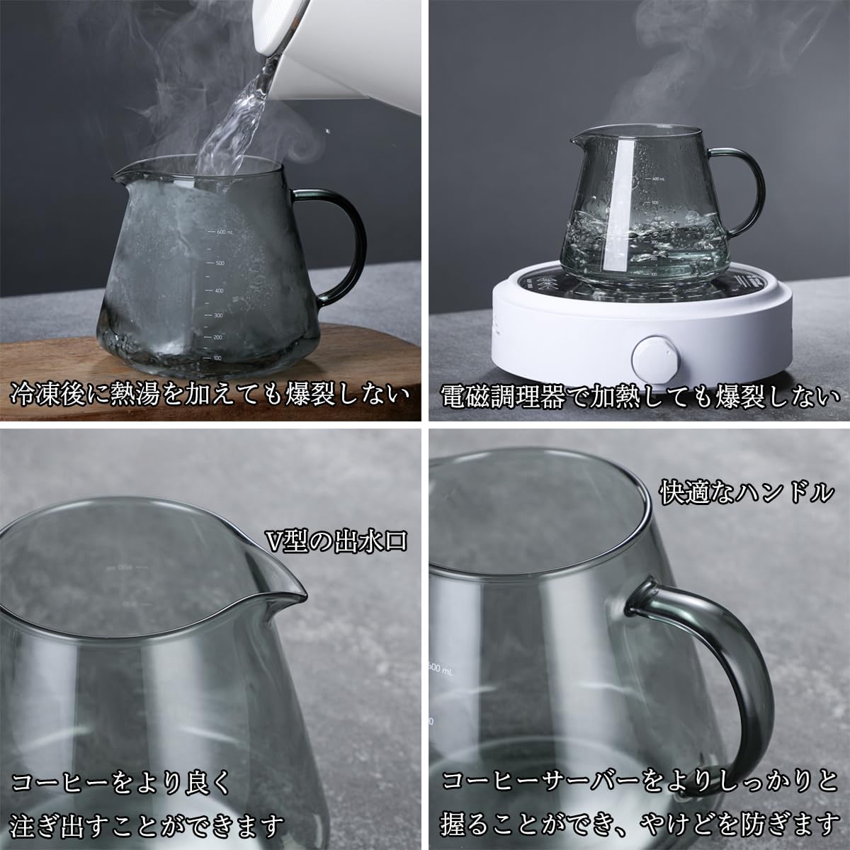 コーヒードリッパー ハンドドリップセット コーヒーサーバー 割れない 高ホウ素シリカガラス材料 耐熱ガラス 直火対応 耐寒性 クルミ材 ドリッパー 透明 電子レンジ·食洗機対応 コーヒー用品 使いやすい 洗いやすい 多用途 家用 喫茶店 1~4杯用 500ml グレー