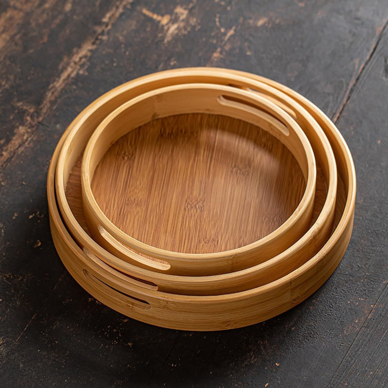 トレー お盆 竹製 滑らないトレー 天然竹 多目的トレイ 小物入れ 北欧 トレイ カフェトレー コースター 茶托 ティートレー 前菜プレート ランチョン お膳 お茶 食事用 卓上用トレイ 定食用 多機能 便利 家庭用 業務用 円形 直径25cm