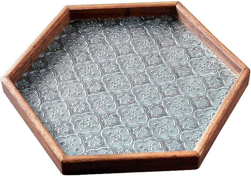 MIYUNOトレー 木製 茶席 お盆 正方形 六角形 トレイ ガラス 小物入れ 茶道具 茶托 おしゃれ 盛器 ガラス皿 小物入れ 茶道具 お皿 小皿 豆皿 胡桃色 カフェトレー ティートレー 中国茶器 急須置き お洒落