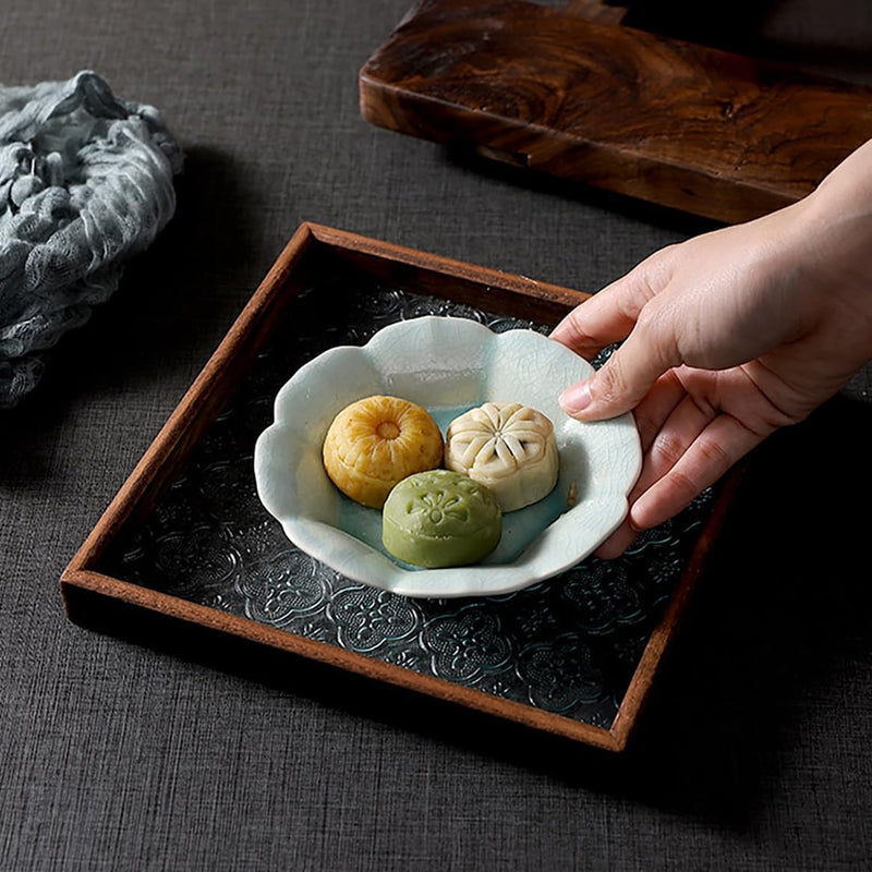 MIYUNOトレー 木製 茶席 お盆 正方形 六角形 トレイ ガラス 小物入れ 茶道具 茶托 おしゃれ 盛器 ガラス皿 小物入れ 茶道具 お皿 小皿 豆皿 胡桃色 カフェトレー ティートレー 中国茶器 急須置き お洒落