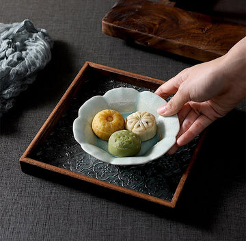 MIYUNOトレー 木製 茶席 お盆 正方形 六角形 トレイ ガラス 小物入れ 茶道具 茶托 おしゃれ 盛器 ガラス皿 小物入れ 茶道具 お皿 小皿 豆皿 胡桃色 カフェトレー ティートレー 中国茶器 急須置き お洒落