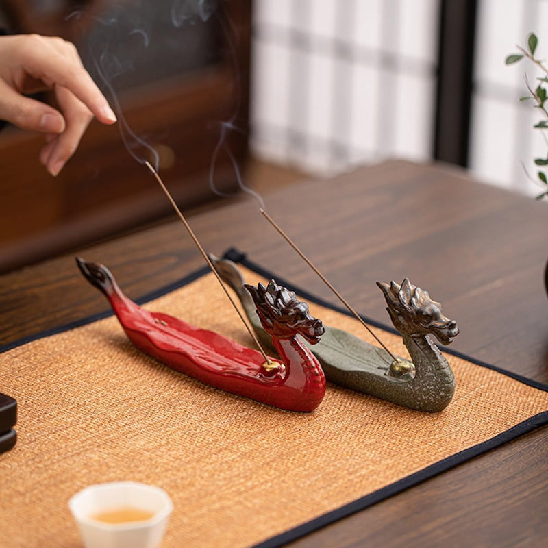 お香立て 灰がこぼれない 横置き 龍 線香立て 陶器 おしゃれ インセンスホルダー 香炉 線香皿 線香 御洒落 人気 仏壇用 睡眠 リラックス 茶室 茶道 瞑想 書斎 長さ21cm グリーン