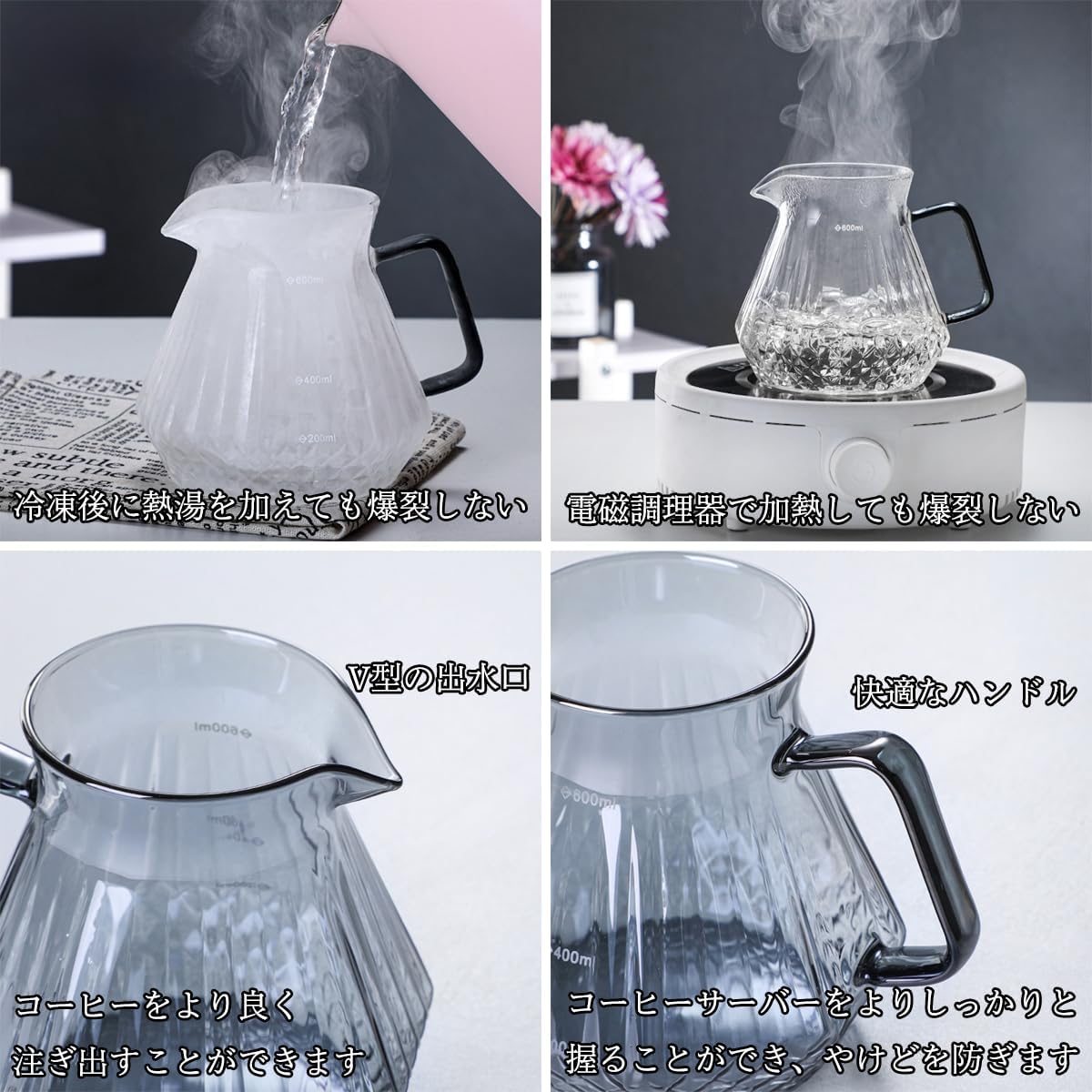 コーヒードリッパー ハンドドリップセット コーヒーサーバー 割れない 高ホウ素シリカガラス材料 耐熱ガラス 直火対応 耐寒性 クルミ材 ドリッパー ダイヤモンド 電子レンジ·食洗機対応 コーヒー用品 目盛り付き 洗いやすい 多用途 家用 喫茶店 1~4杯用 600ml グレー