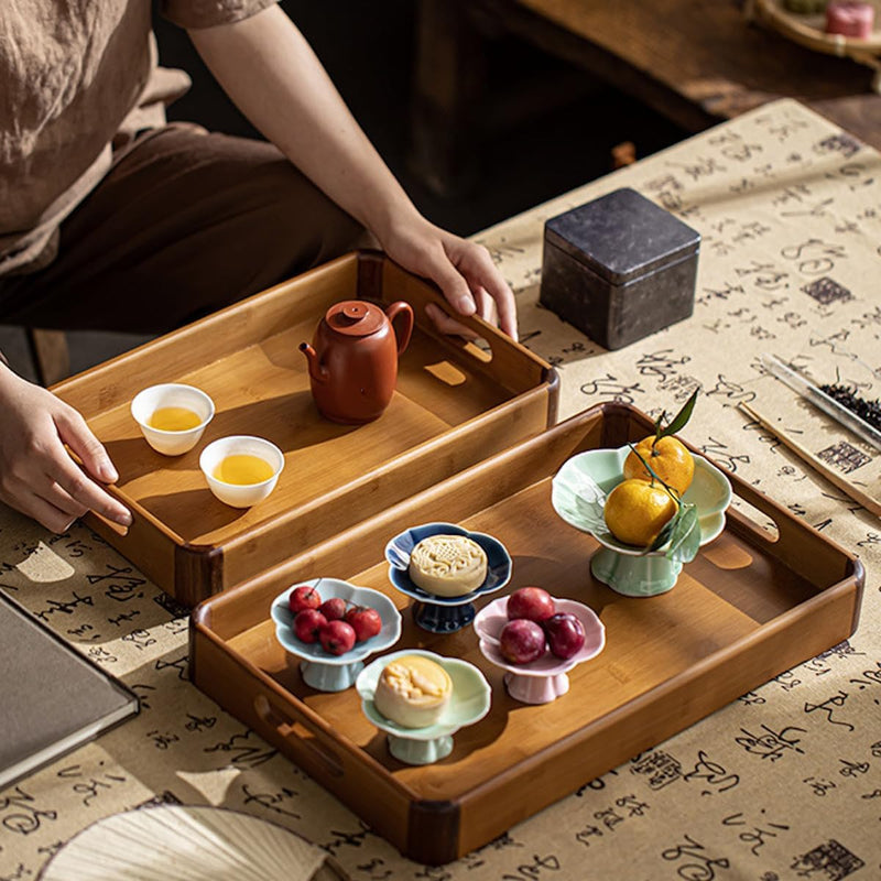 トレー お盆 竹製 滑らないトレー 天然竹 多目的トレイ 小物入れ 北欧 トレイ カフェトレー コースター 茶托 ティートレー 前菜プレート ランチョン お膳 お茶 食事用 卓上用トレイ 定食用 多機能 便利 家庭用 業務用 長方形 41×26×5cm