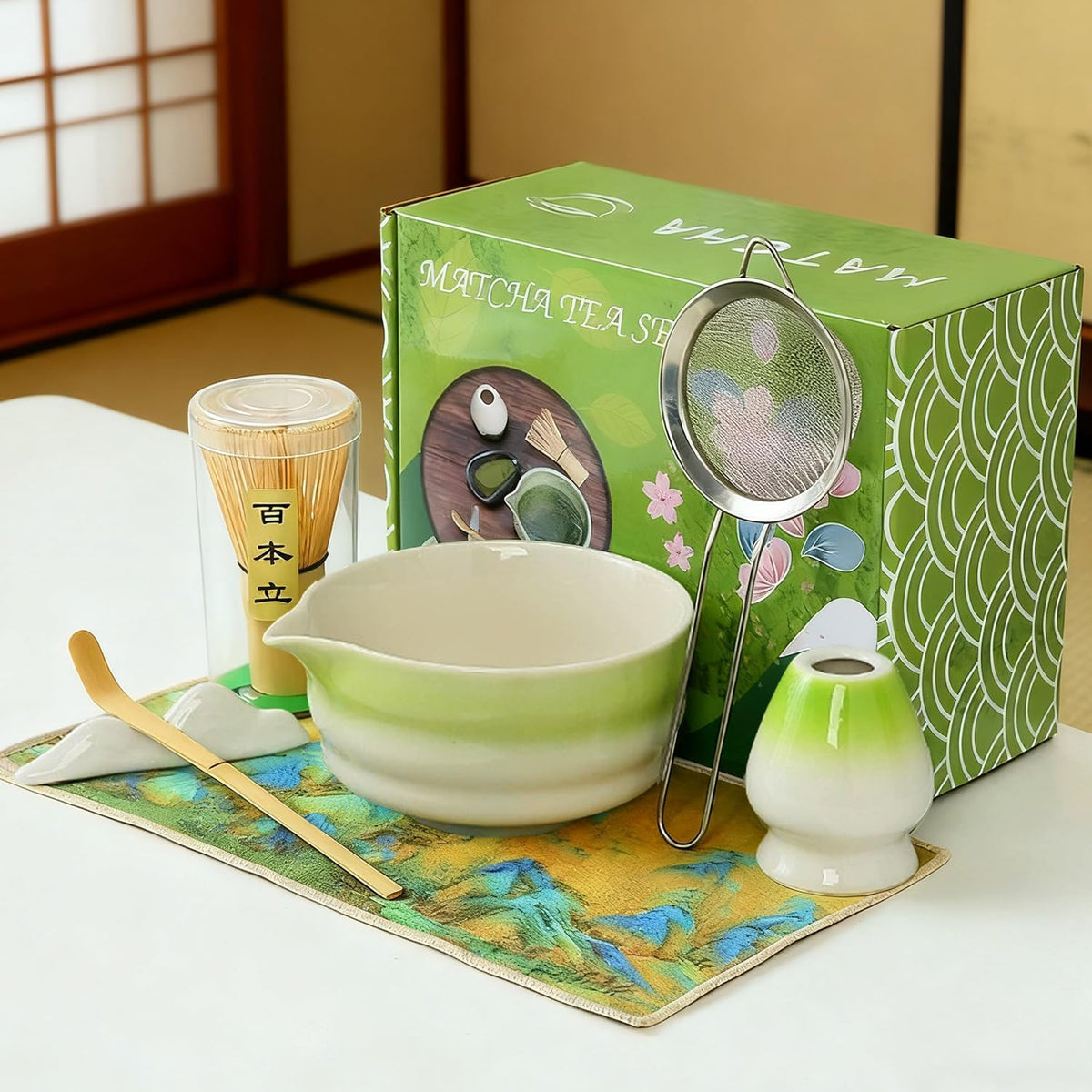 『matcha set』抹茶セット 茶道具 7点 フルセット 抹茶碗 茶筅 茶杓 茶筅立て 茶巾 茶こし 茶漉し 茶道体験 手作り上釉り 茶道の練習 家庭用 初心者向け 抹茶セット 和風 オールシーズン対応 抹茶ラテ作りに最適 プレゼント (まっちゃ（7個セット）