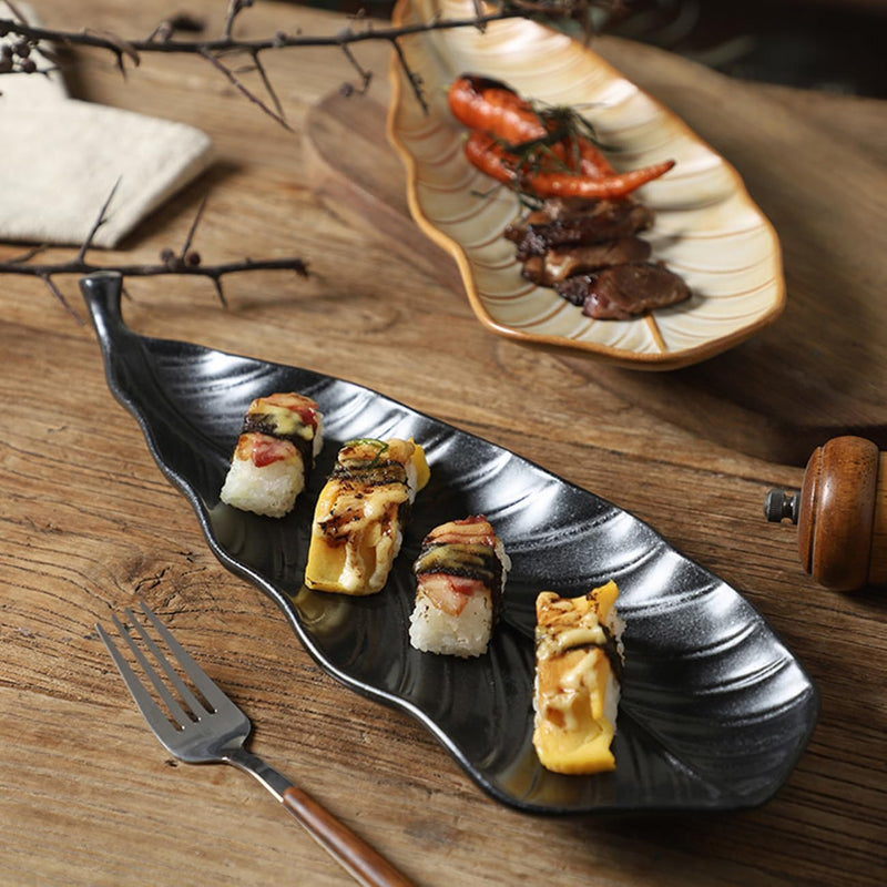 MIYUNNO 焼物皿 陶器 磁器 皿 和食器 焼き物皿 葉形 刺身皿 レストラン 居酒屋 和風 おしゃれ 電子レンジ 食洗機対応 食器 お皿セット 5枚セット カラー5 36x13x4.5cm