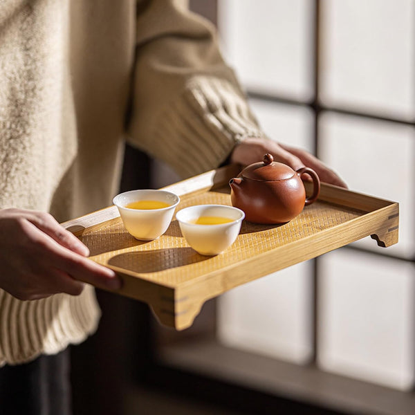 トレー お盆 竹製 滑らないトレー 天然竹 多目的トレイ 小物入れ 北欧 トレイ カフェトレー コースター 茶托 ティートレー 前菜プレート ランチョン お膳 お茶 食事用 卓上用トレイ 定食用 多機能 便利 家庭用 業務用 長方形 30×19×4cm