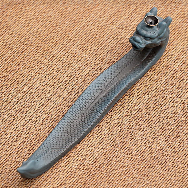 JIKANNOYA お香立て 横置き 龍 線香立て 灰がこぼれない 陶器 おしゃれ インセンスホルダー 香炉 線香皿 線香 御洒落 人気 仏壇用 睡眠 リラックス 茶室 茶道 瞑想 書斎 長さ31cm ブルー