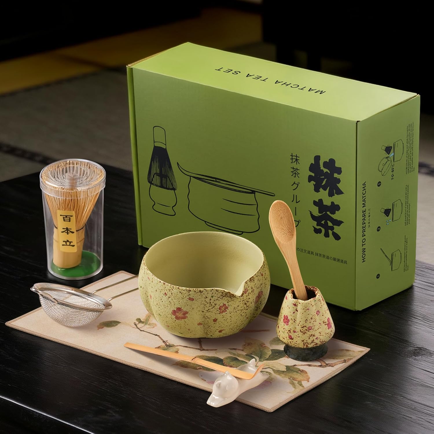抹茶セット 茶道セット 8点 桜模様 茶碗 茶筅 茶杓 粉篩 茶器 付き 初心者 ギフトボックス 贈り物 に