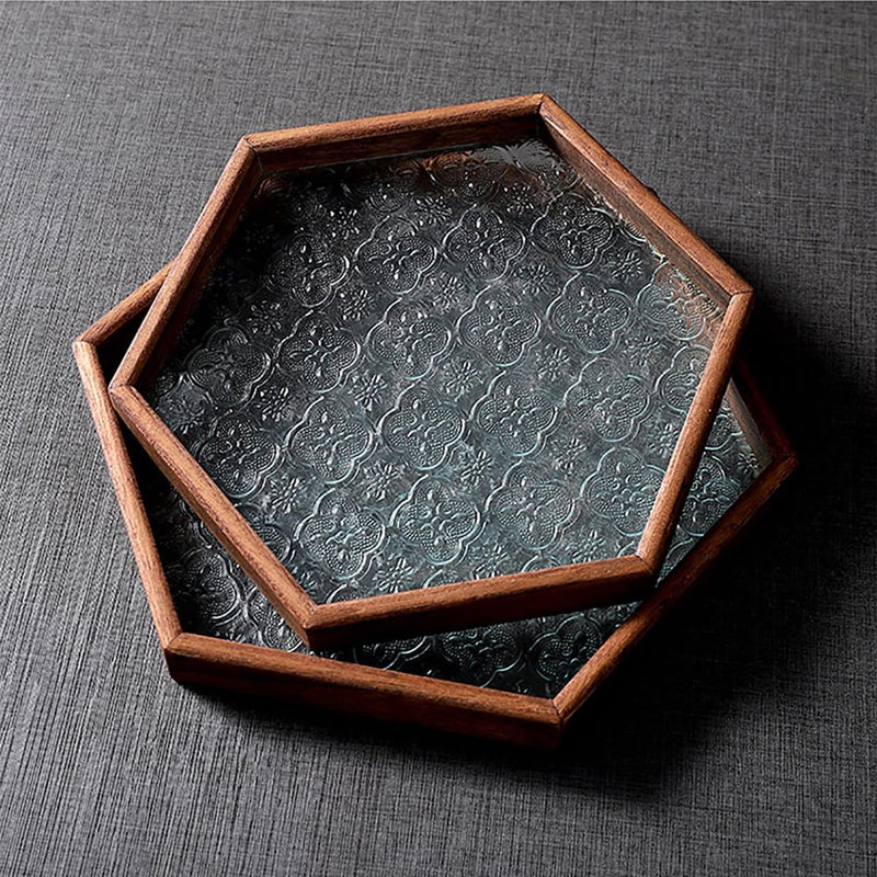 MIYUNOトレー 木製 茶席 お盆 正方形 六角形 トレイ ガラス 小物入れ 茶道具 茶托 おしゃれ 盛器 ガラス皿 小物入れ 茶道具 お皿 小皿 豆皿 胡桃色 カフェトレー ティートレー 中国茶器 急須置き お洒落