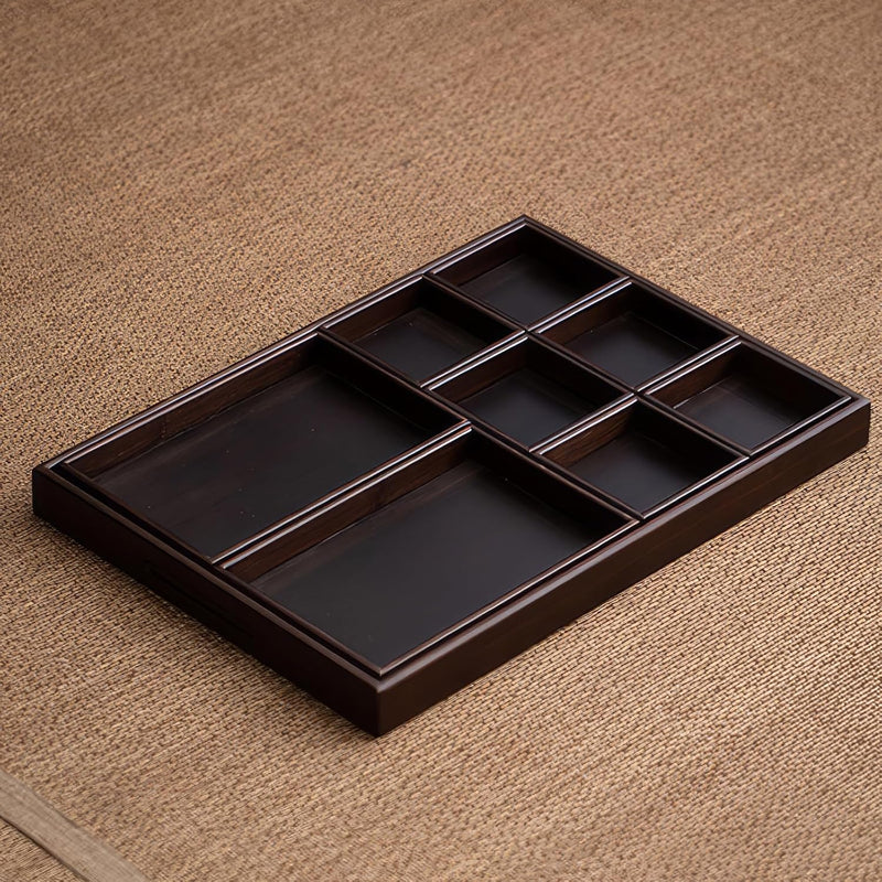 お盆 トレー 竹製 滑らないトレー 天然竹 多目的トレイ 小物入れ 北欧 トレイ カフェトレー コースター 茶托 ティートレー 前菜プレート ランチョン お膳 お茶 食事用 卓上用トレイ 定食用 多機能 便利 家庭用 業務用 9グリッド 42.5×30×3.5cm ブラック