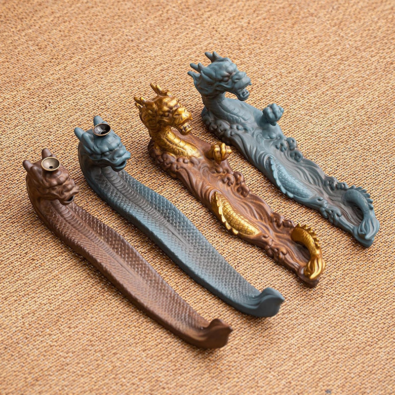 JIKANNOYA お香立て 横置き 龍 線香立て 灰がこぼれない 陶器 おしゃれ インセンスホルダー 香炉 線香皿 線香 御洒落 人気 仏壇用 睡眠 リラックス 茶室 茶道 瞑想 書斎 長さ31cm ブルー